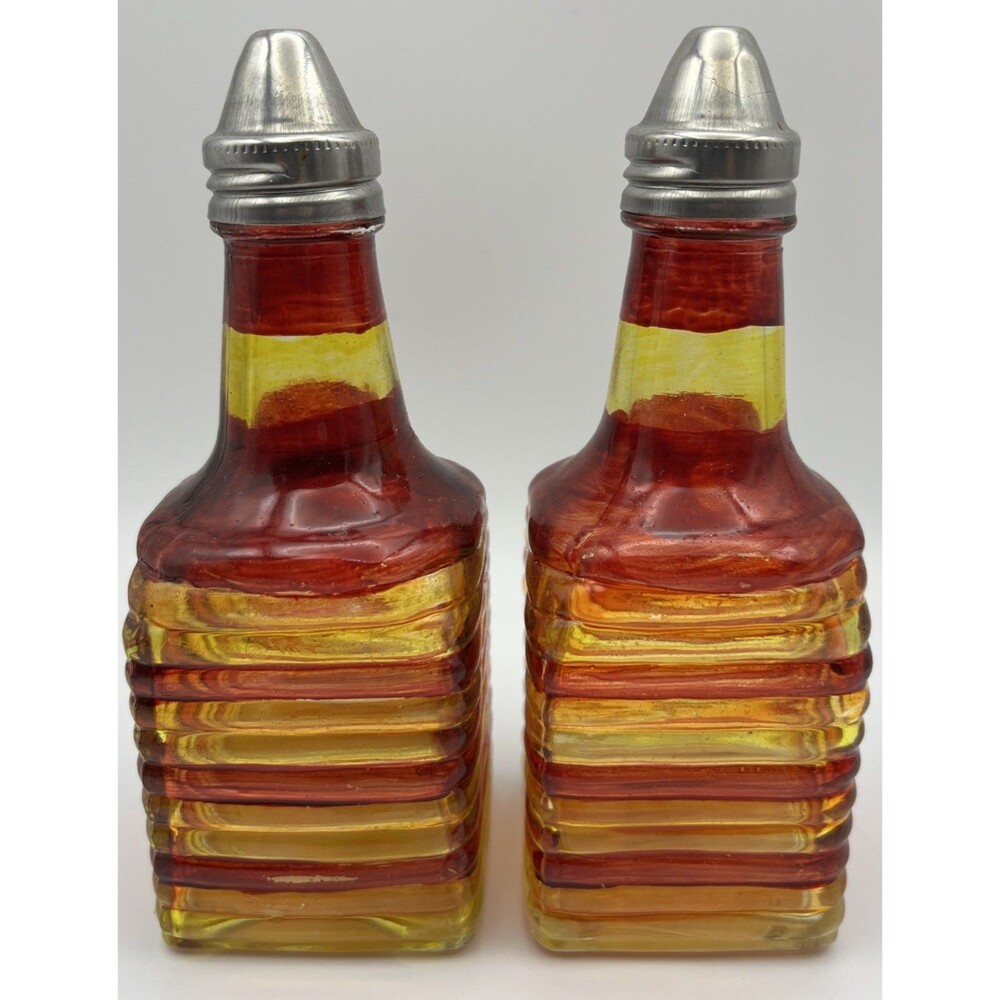 VTG 70s striped, yellow & red square Glass Cruet Oil and Vinegar Bottle Set of 2